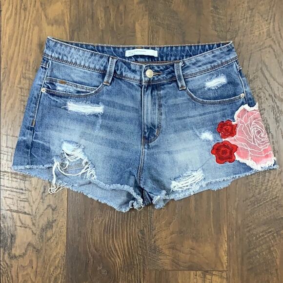 Zara Trafaluc Floral Embroidered Cutoff High Waist Jean Shorts - Picture 1 of 6